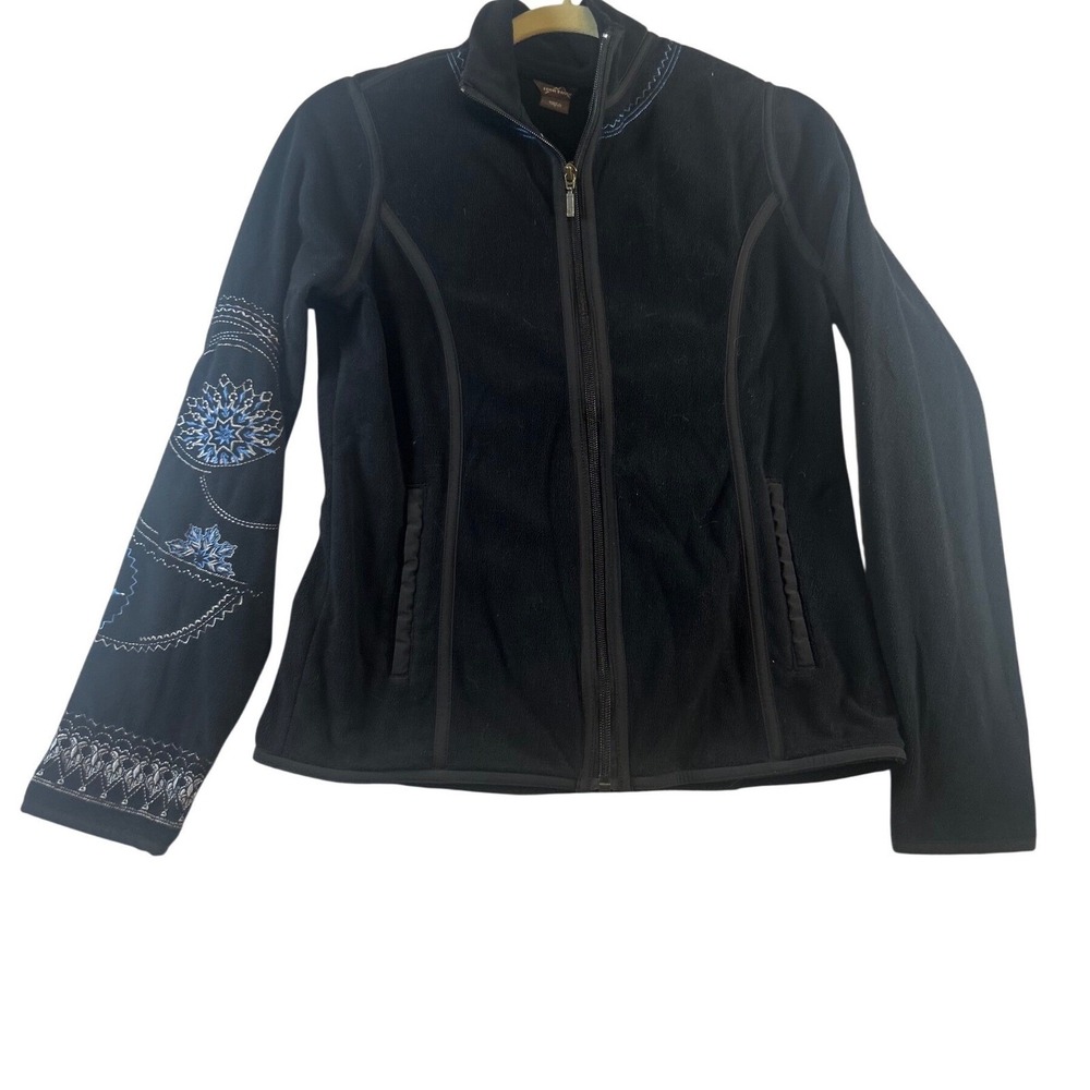 Eddie Bauer Black Fleece Jacket Embroidered Sleeve Full Zip Women's Size Small